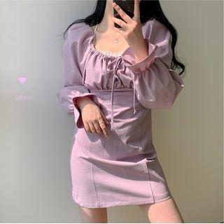Long-sleeve Plain Ruffled Trim Dress
