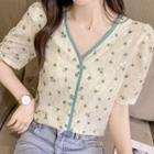 Puff-sleeve V-neck Floral Print Lace Blouse