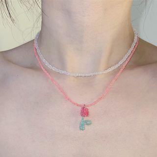Flower Pendant Layered Bead Choker Pink - One Size