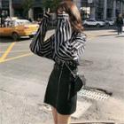 Set: Long-sleeve Striped Shirt + Faux Leather Zip A-line Mini Skirt
