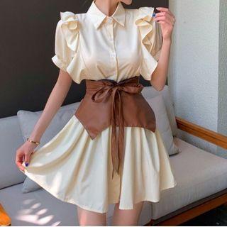 Set: Ruffle Trim Mini A-line Shirtdress + Corset Belt White - One Size