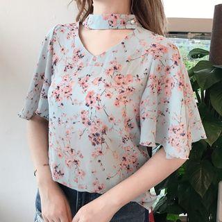 Cutout Flower Print Short-sleeve Top