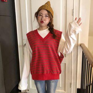 Plain Pullover / Striped V-neck Vest
