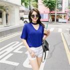 Choker-neck Elbow-sleeve T-shirt