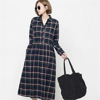 Half-placket Plaid Long Shirtdress Green - One Size