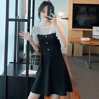 Short-sleeve Mesh Panel Ruffle Trim Dress