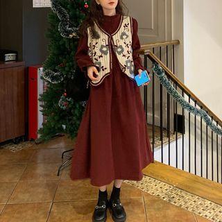 Long-sleeve Midi A-line Dress / Flower Embroidered Button-up Crochet-knit Vest