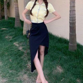 Short-sleeve Button-up Top / Asymmetric Skirt