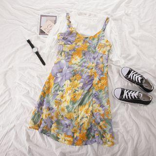 Short-sleeve Plain Blouse / Spaghetti Strap Print Mini A-line Dress