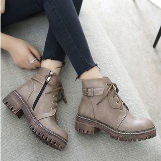 Faux Leather Belted Combat Block Heel Booties