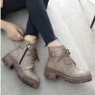 Faux Leather Belted Combat Block Heel Booties