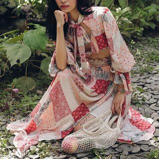 Set: Long-sleeve Printed Cropped Top + Maxi A-line Skirt As Shown In Figure - One Size