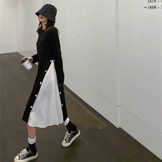 Long-sleeve Color Block Dress Black - One Size