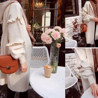 Hooded Frill-trim Knit Coat