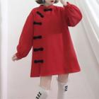 Long-sleeve Frog-button Mini A-line Dress Red - One Size