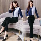 Set: V-neck Color Block Blouse + High Waist Boot-cut Pants