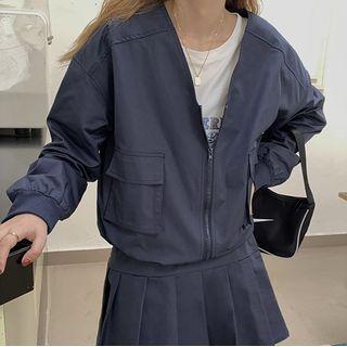 Set : Long-sleeve V-neck Cropped Zip Jacket + Plain Pleated Short Skirt