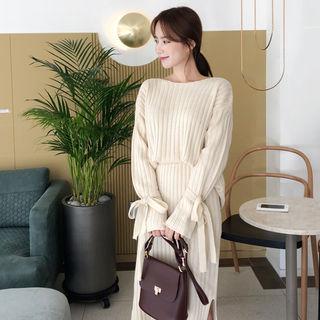 Set: Beribboned-sleeve Knit Top + Slit-side Knit Skirt