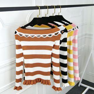 Cut Out Detail Striped Long Sleeve Knit Top