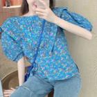 Tie-back Frilled Trim Puff-sleeve Floral Top Blue - One Size