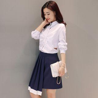 Set: Cut Out Detailed Shirt + Pleated Panel Skirt