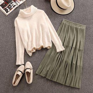 Set: Turtleneck Sweater + Velvet Midi A-line Skirt