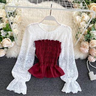 Embroidered Lace Puff-sleeve Color Block Panel Top