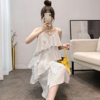 Ruffle Trim Dotted Midi Spaghetti Strap Dress