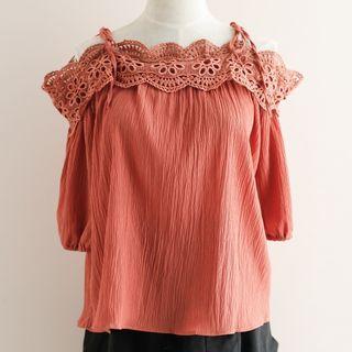Lace Trim Off-shoulder Elbow-sleeve Chiffon Top