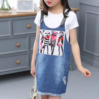 Set: Plain Short-sleeve T-shirt + Denim Patch Dress