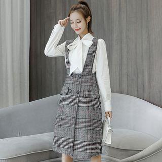 Set: Long-sleeve Bow Accent Top + Plaid Jumper Skirt