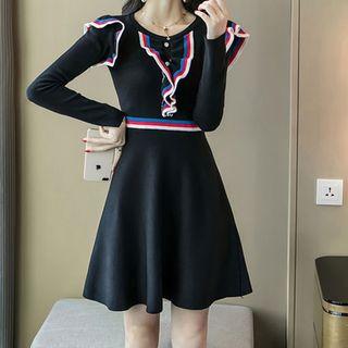 Contrast Trim Long-sleeve Knit Mini A-line Dress