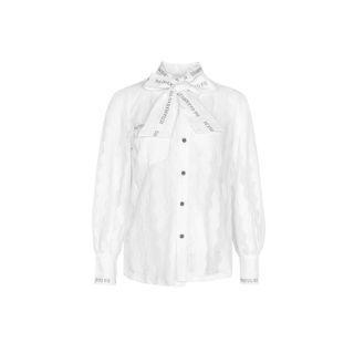 Lettering Ribbon Tie-neck Lace Blouse