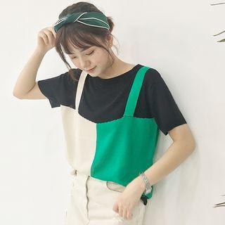 Mock Two-piece Short-sleeve Knit Panel Top
