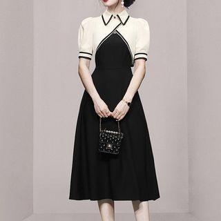 Set: Puff-sleeve Crop Blouse + Spaghetti Strap A-line Dress