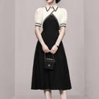 Set: Puff-sleeve Crop Blouse + Spaghetti Strap A-line Dress