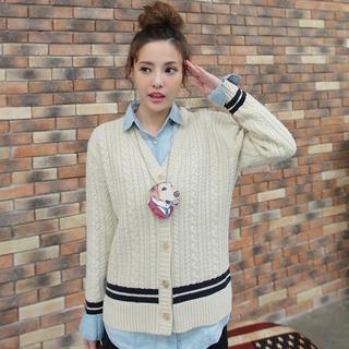 Striped-trim Cable-knit Cardigan