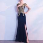 Embroidered Short-sleeve Slit Evening Gown
