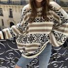 Nordic Pattern Oversize Sweater Beige - One Size