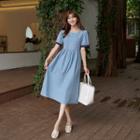 Puff-sleeve Pintuck Long Denim Dress Blue - One Size