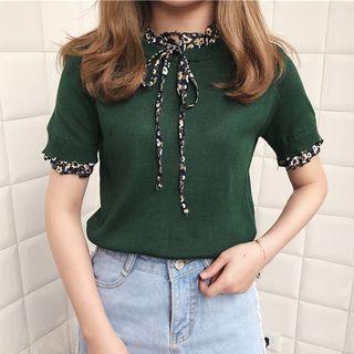 Floral Trim Panel Tie-neck T-shirt