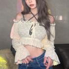 Set: Halter-neck Crop Top + Off-shoulder Lace Blouse