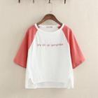 Letter Embroidered Raglan Elbow Sleeve T-shirt