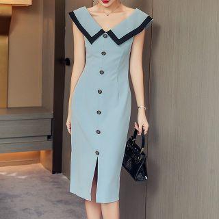 Cap-sleeve Sailor-collar Midi Dress