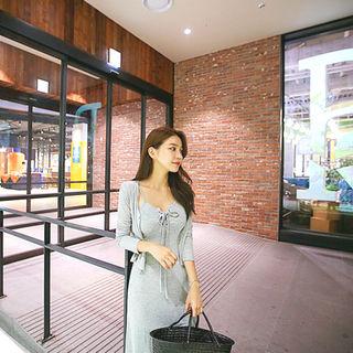 Set: Buttoned Cardigan + Lace-up Maxi Dress