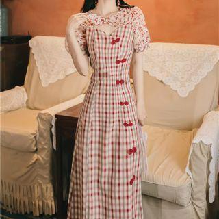 Puff-sleeve Bow Accent Plaid Panel Slit Midi Sheath Dress