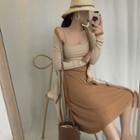 Contrast Trim Long Cardigan / Two Tone Spaghetti Strap Dress