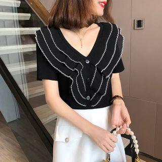 Contrast Trim Ruffled Short-sleeve Knit Top