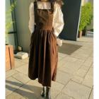 Plain Puff-sleeve Skirt + Corduroy Midi Pinafore Dress