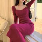 Square-neck Knit Midi Sheath Dress Purple - One Size